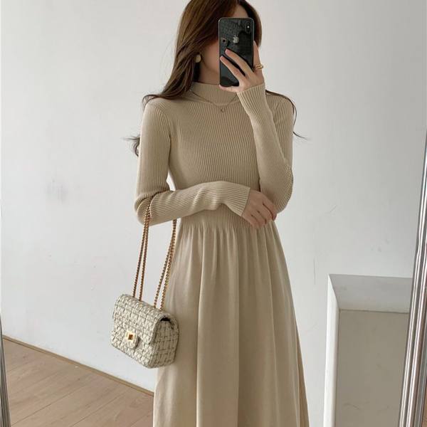 Демисезонное трикотажное трикотажное платье, шерстяное платье, французский стиль, высокий воротник