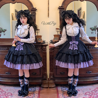 taobao agent [Stealing Moon JSK] WP original design fish bone -holding chest and flower fabric can wear black purple CLA autumn LO skirts in four seasons