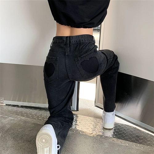 Черные джинсы, штаны, большой размер, свободный прямой крой, подходит для полных девушек, для формы тела «груша», по фигуре