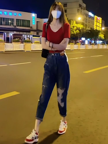 Брендовая летняя футболка, модные цветные наплечники, в корейском стиле, V-образный вырез, облегающий крой