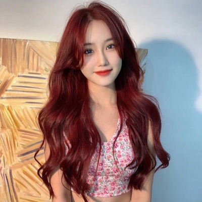 taobao agent Burgundy wig, curly bangs with hair parting