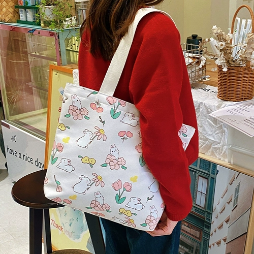 Милый мультяшный кролик, вместительная и большая сумка на одно плечо, демисезонный шоппер, тканевый мешок для школьников, в корейском стиле