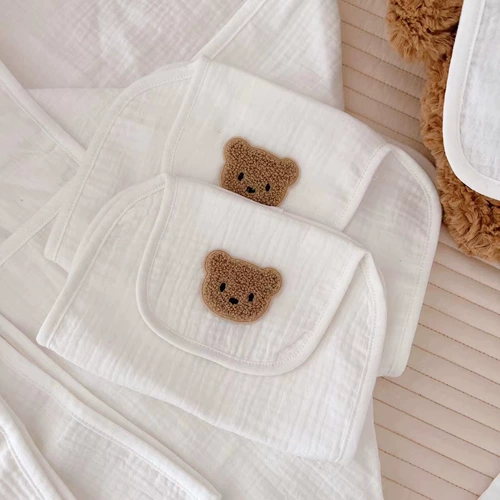 Детское хлопковое марлевое милое полотенце от пота для детского сада для девочек для мальчиков, с вышивкой, с медвежатами