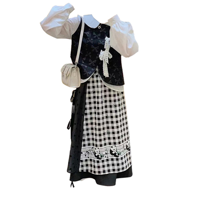 taobao agent Autumn retro black and white plaid dress, Chinese style