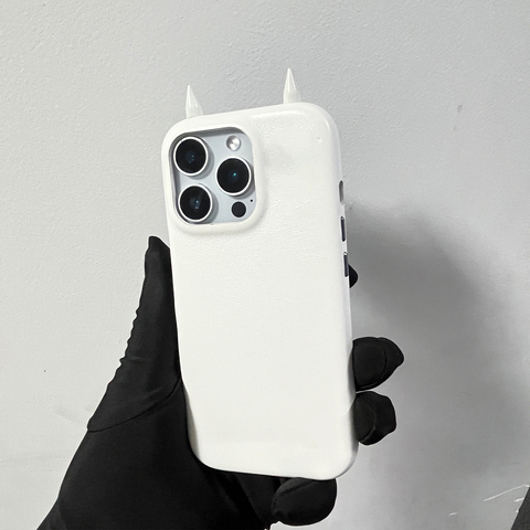 Urban Sophistication Textured Leather – Black & White, "Devil Ears" Design Pro/Plus/Max/Air – 16, 15, 14, 13 iPhone Case