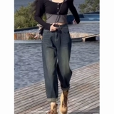 Штаны, осенние ретро джинсы, высокая талия, для формы тела «груша», большой размер, по фигуре, свободный крой