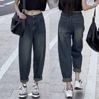 Штаны, осенние ретро джинсы, высокая талия, для формы тела «груша», большой размер, по фигуре, свободный крой