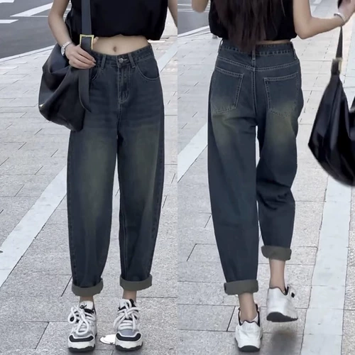Штаны, осенние ретро джинсы, высокая талия, для формы тела «груша», большой размер, по фигуре, свободный крой