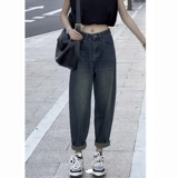 Штаны, осенние ретро джинсы, высокая талия, для формы тела «груша», большой размер, по фигуре, свободный крой