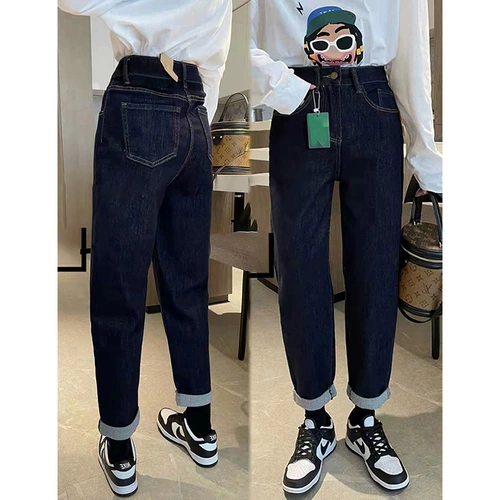 Джинсы, штаны, большой размер, высокая талия, коллекция 2023, подходит для подростков, для формы тела «груша», свободный крой, по фигуре