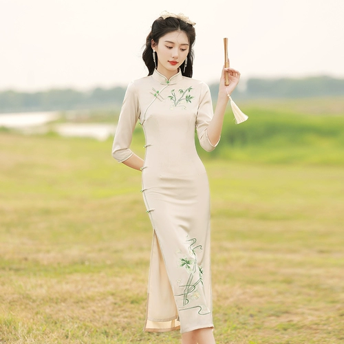Ципао, свежее элитное платье, коллекция 2023, китайский стиль, яркий броский стиль, осеннее