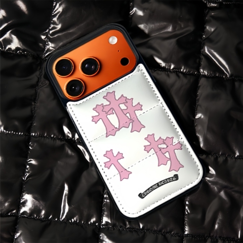 Chrome Hearts Puffer 17 Pro Max/16 Pro/15/14 Pro Max Leather – Designer Orange With Crosses & Card Holder iPhone Case