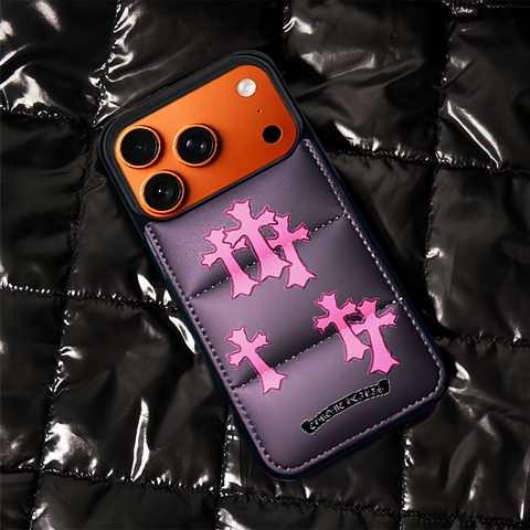 Chrome Hearts Puffer 17 Pro Max/16 Pro/15/14 Pro Max Leather – Designer Orange With Crosses & Card Holder iPhone Case