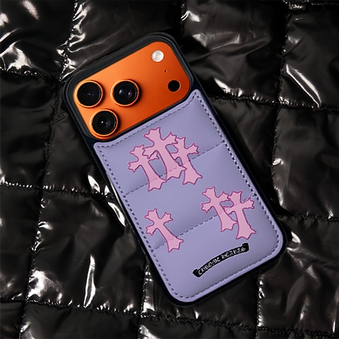 Chrome Hearts Puffer 17 Pro Max/16 Pro/15/14 Pro Max Leather – Designer Orange With Crosses & Card Holder iPhone Case