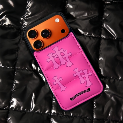 Chrome Hearts Puffer 17 Pro Max/16 Pro/15/14 Pro Max Leather – Designer Orange With Crosses & Card Holder iPhone Case