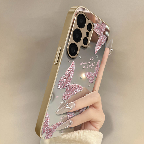Pink Glitter Butterfly Mirror For Girls S25, S25 Plus, S25 Ultra, S24, S24 Plus, S24 Ultra, S23, S23 Plus, S23 Ultra Samsung
