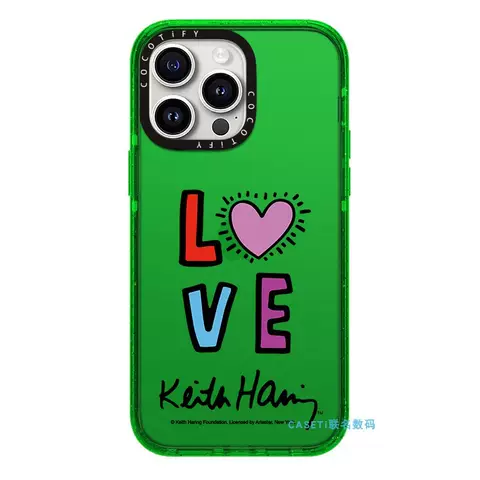 Keith Haring LOVE Heart Pop Art Green Translucent Phone Case for iPhone 17, 16, 15, 14 and 13