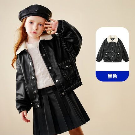 迷你巴拉巴拉女童柔软皮衣外套儿童翻领夹克外衣2026春季新款潮流