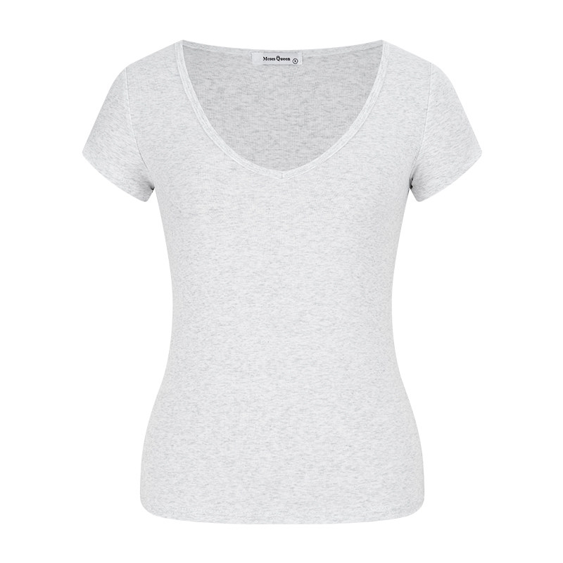 T-shirt V-leher hijau dopamin musim panas, potongan bahu lurus yang elegan dan menguruskan badan, serba boleh dan segar