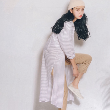 过膝衬衫女长款夏季长袖条纹宽松韩版百搭超长款侧开叉外套防晒衣
