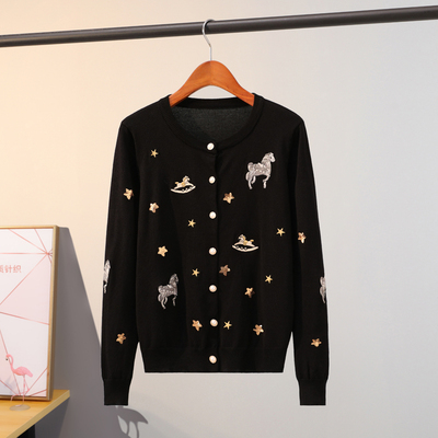 taobao agent Black summer thin knitted cotton cardigan, jacket, top, European style, with embroidery