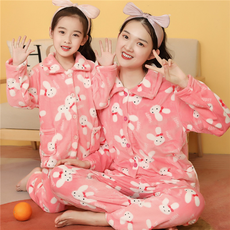 秋冬季儿童睡衣长袖法兰绒亲子家居服男孩女童珊瑚绒小孩睡衣套装