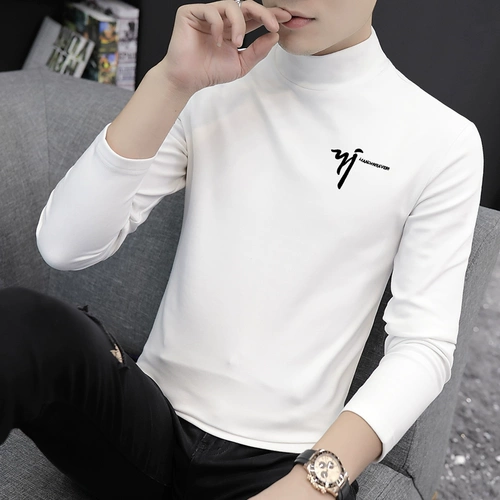 Демисезонная футболка, трендовая рубашка, утепленный лонгслив, жакет, высокий воротник, длинный рукав, в корейском стиле