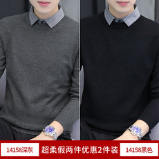 Свитер мужской 秋冬季毛衣男假两件衬衫领商务方领针织衫2021春秋新款保暖毛线衣