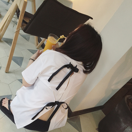 anyu 韩国百搭宽松后背绑带蝴蝶结短袖t恤女纯色圆领学生显瘦上衣