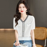 Летняя футболка с коротким рукавом, трикотажный свитер для матери, в стиле Шанель, 2024 года, оверсайз