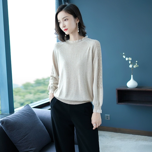 Демисезонная футболка, тонкий трикотажный кружевной шелковый приятный телу лонгслив для матери, коллекция 2022, осенняя