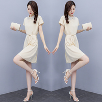 Dress women's new summer short-sleeved doll collar drop-feel large size loose mid-length acetate satin temperament skirt