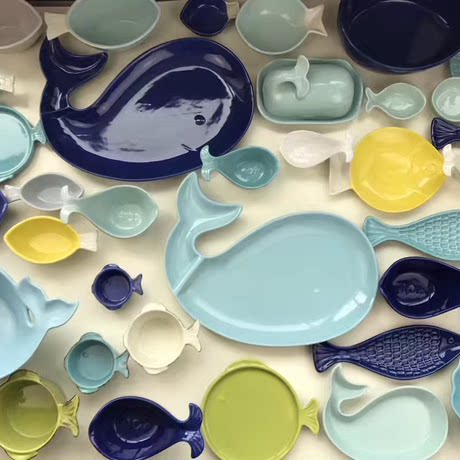 【海洋系列】陶瓷早餐碗点心碗甜品碗家用贝壳小鱼鲸鱼鱼类盘摆件