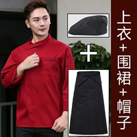 Красный лонгслив, фартук, шапка