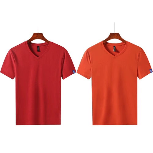 Мужская летняя хлопковая универсальная шелковая футболка с коротким рукавом, V-образный вырез, в корейском стиле, высокий воротник