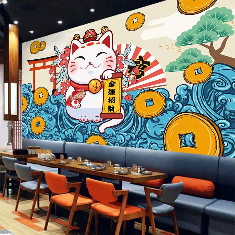 日本餐厅墙纸手绘浮世绘背景墙拉面寿司店壁画日式和风招财猫壁纸