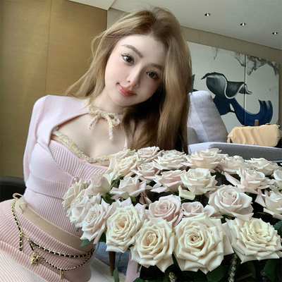 taobao agent Doggyqin peony/milk wearing knitted camisole two -piece set of women autumn and winter body