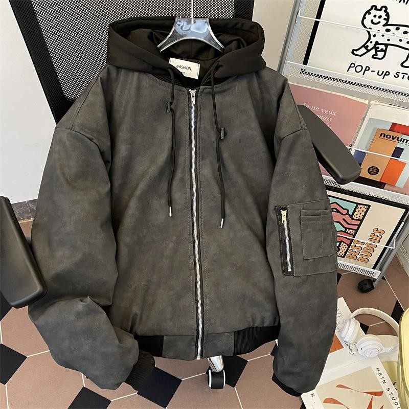 Schwere Lederjacke Baumwollkleidung Herren Winter Kapuzen Silhouette American Washed Tide Marke Warme Jacke_voghion.com