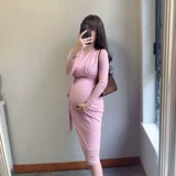Летнее эластичное длинное платье большого размера для беременных, длинный рукав, цветочный принт, V-образный вырез, свободный крой, средней длины