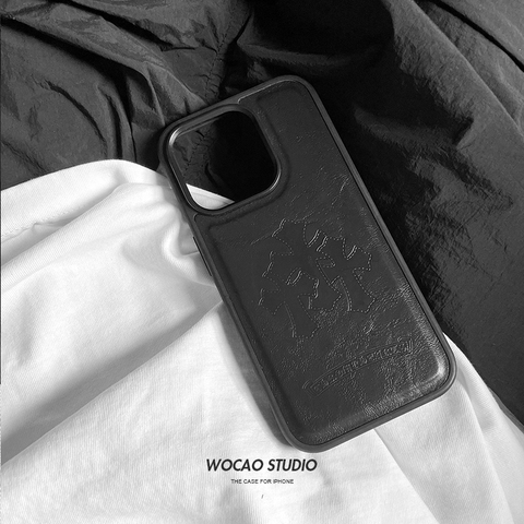 Chrome Hearts Black Leather Metal Cross iPhone Case