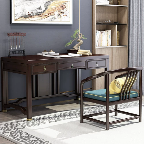 Новый китайский стиль Полный твердый деревянный стол и стул Комбинированная простая домашняя стола Light Luxury Zen Callicraphy Office Computer Desk