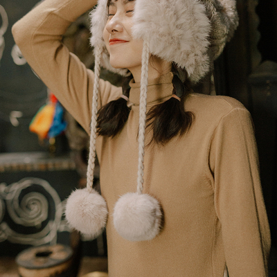 taobao agent Winter Travel Warm Rabbit Mao Guard Ear Hat Knit and Velvet Northeast Snow hat Sweet and cute hair ball Lei Feng hat