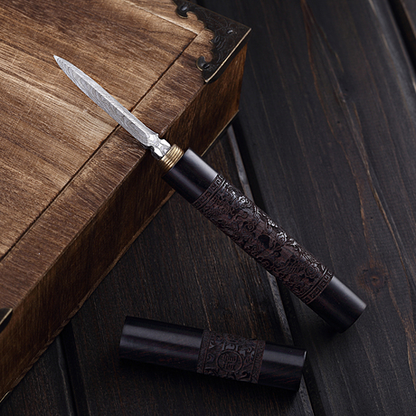 精雕黑檀普洱茶刀大马士革花纹钢黑茶茶针专用功夫茶道零配件