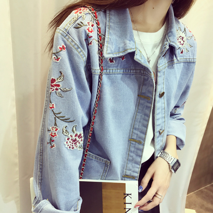 韩版女士刺绣花朵牛仔外套2017春装新款宽松bf