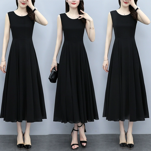 Черное шифоновое летнее платье, длинная юбка, французский стиль, эффект подтяжки, городской стиль