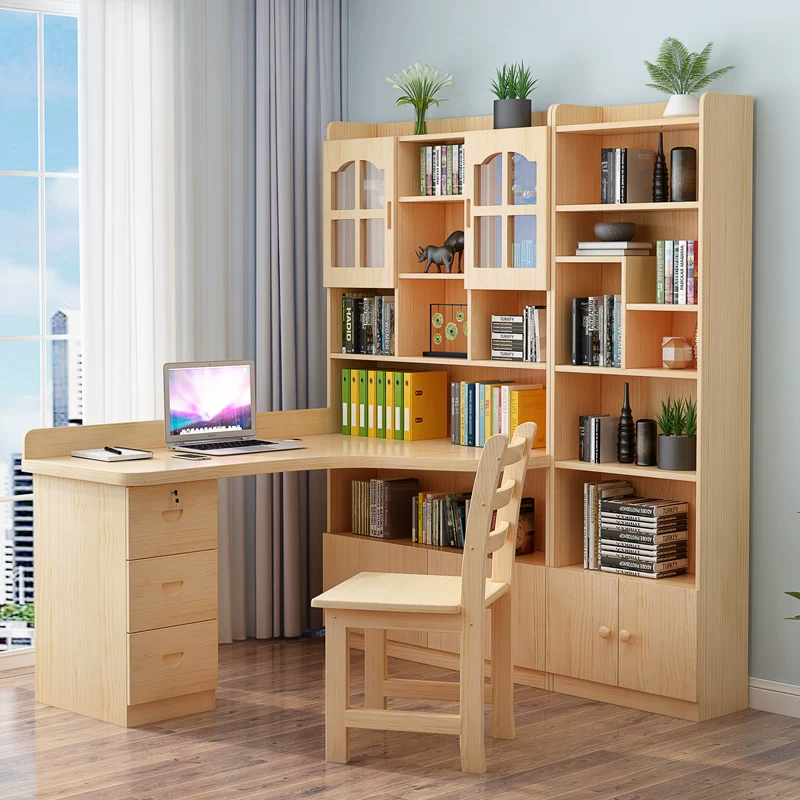 Solid wood corner desk bookshelf integrated desk combination students learn computer desktop tabletop household corners, small units