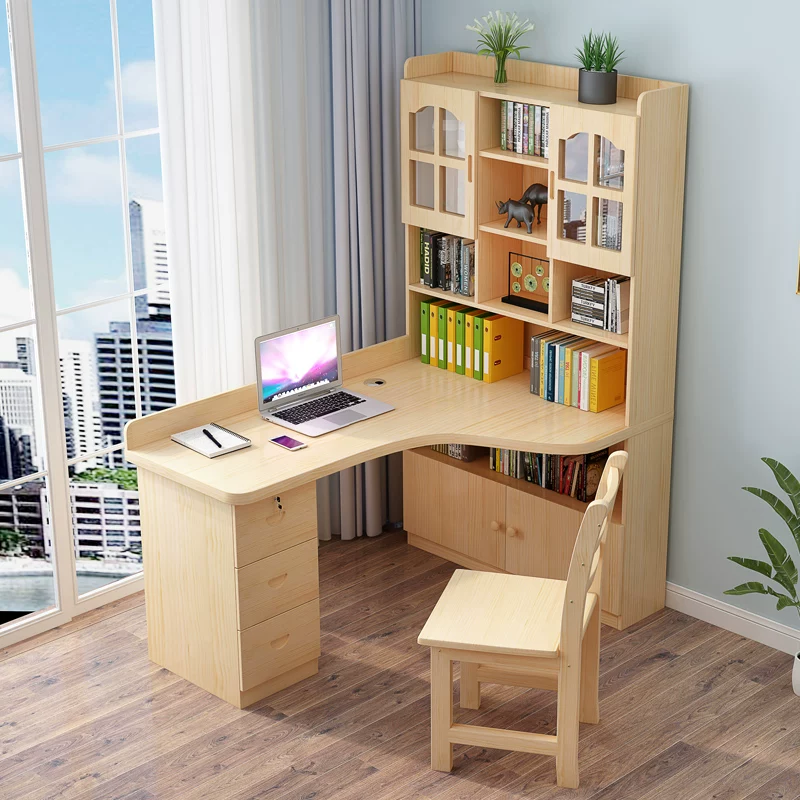 Solid wood corner desk bookshelf integrated desk combination students learn computer desktop tabletop household corners, small units