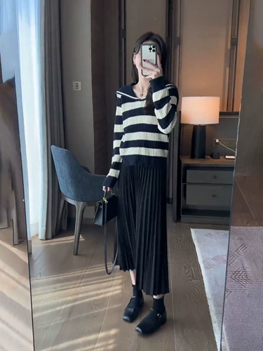 Осенняя трикотажная юбка в складку, комплект, плиссированная юбка