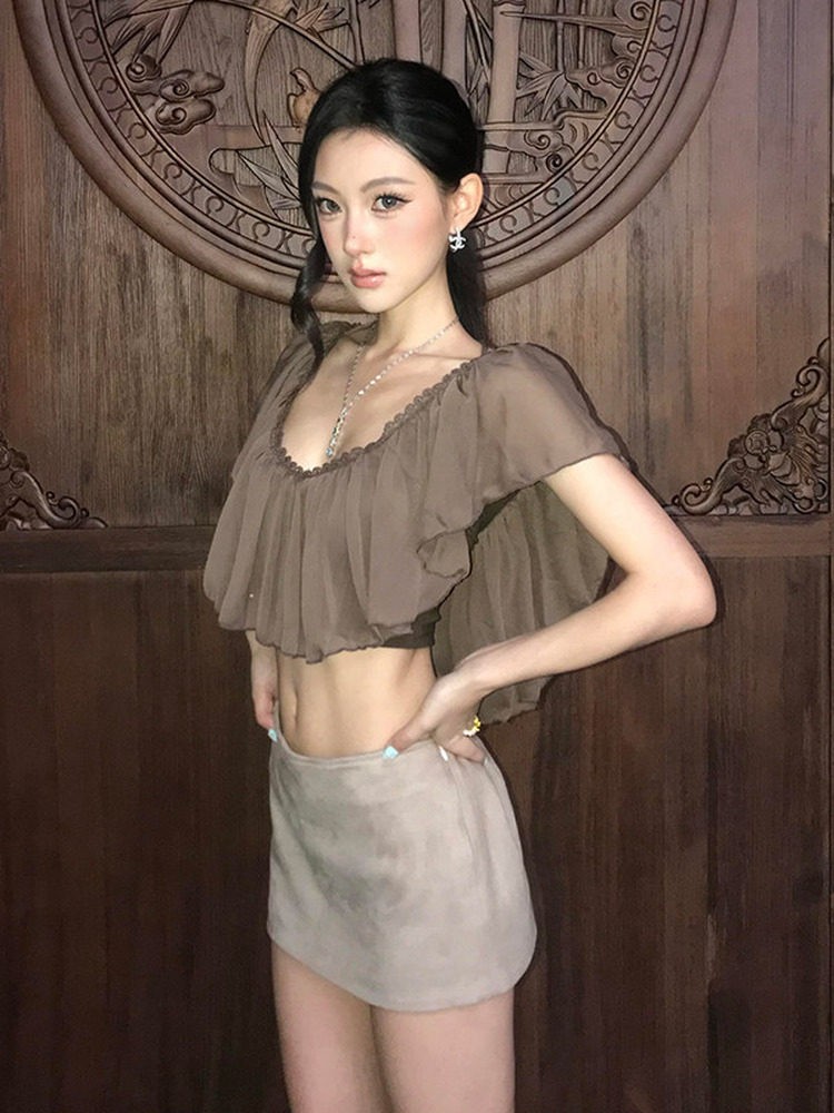 Everyday Goodies Pure Allure Ruffle V-Neck Short-Sleeve Chiffon Shirt Women's Summer New Hot Girl Slimming Cropped Crop Top