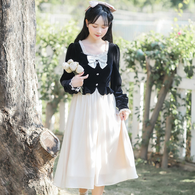 taobao agent Black velvet set, demi-season dress, long skirt, Chanel style, suitable for teen, french style